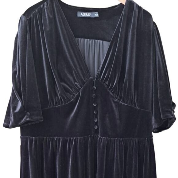 LAUREN Ralph Lauren Black Velvet V-Neck Puff Sleeve A-Line Midi Dress Size 2X - Picture 12 of 14